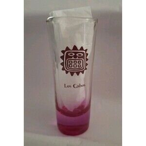 Los Cabos Mexico Delight Tall Shot Glass Mayan Style Sun Pink Tint Souvenir